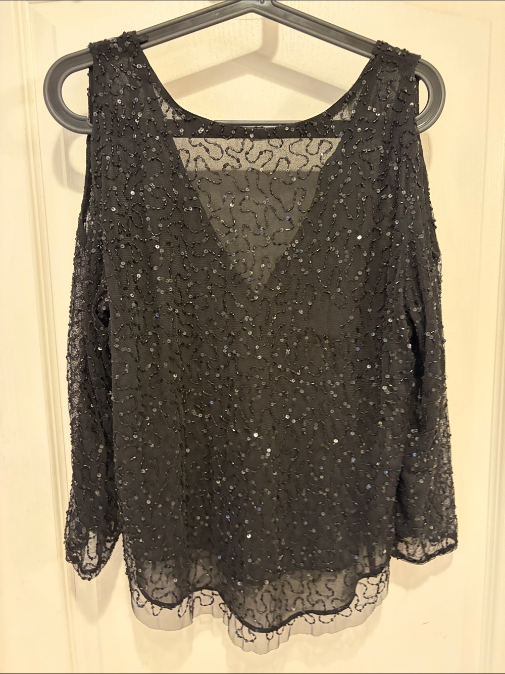 Zara Black Sequin Cold-Shoulder V-Neck Blouse